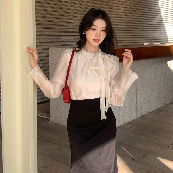 春季千金風蝴蝶結系帶打底襯衫女士長袖上衣