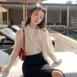 春季千金風蝴蝶結系帶打底襯衫女士長袖上衣