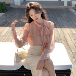 春季千金風蝴蝶結系帶打底襯衫女士長袖上衣